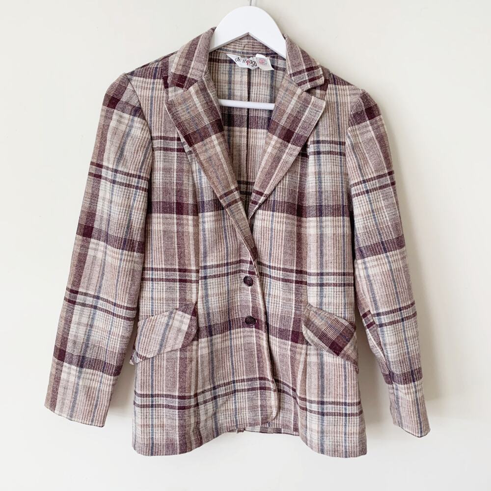 Vintage Jr Things Wool Blazer Size 5 Made in USA 1970s Union Made Plaid Brown